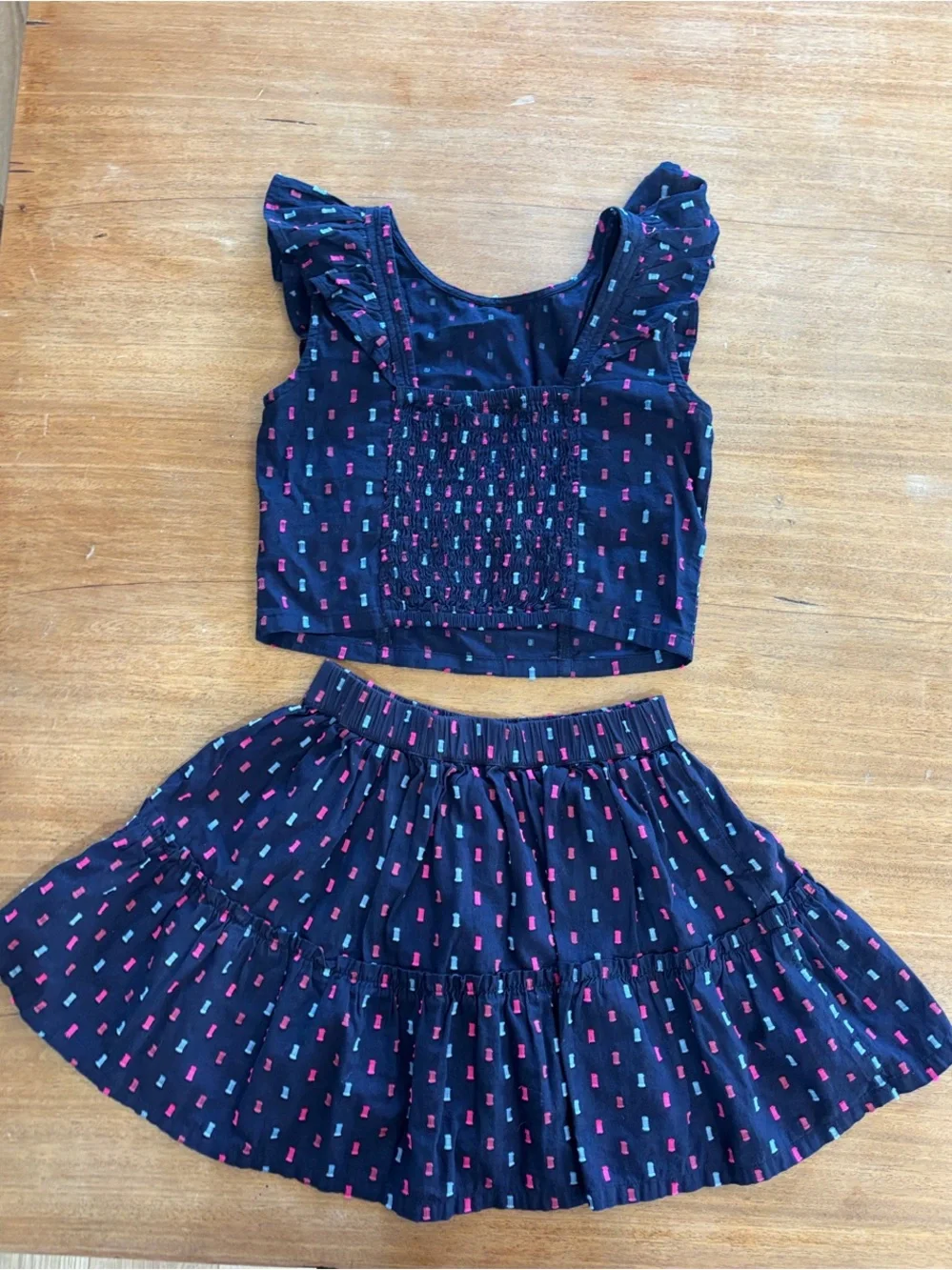 GAP Navy Two-Piece Ruffle Top & Tiered Skirt with Pink & Teal Dot Print